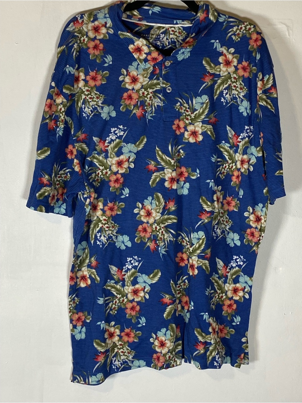 Caribbean Joe XXL Blue Tropical Hawaiian Floral Polo Shirt Cotton Blend Vacation
